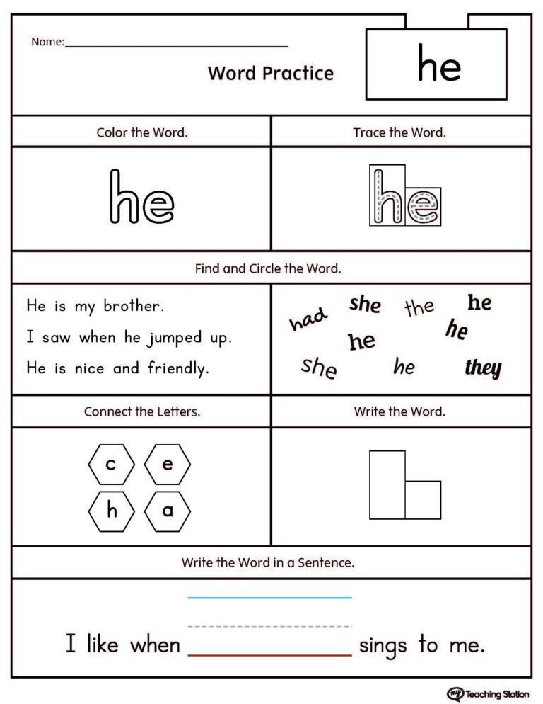 FREE High Frequency Word HE Printable Worksheet