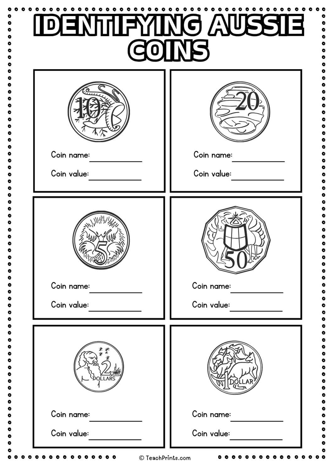 Free Identifying Coins Worksheets Teach Prints