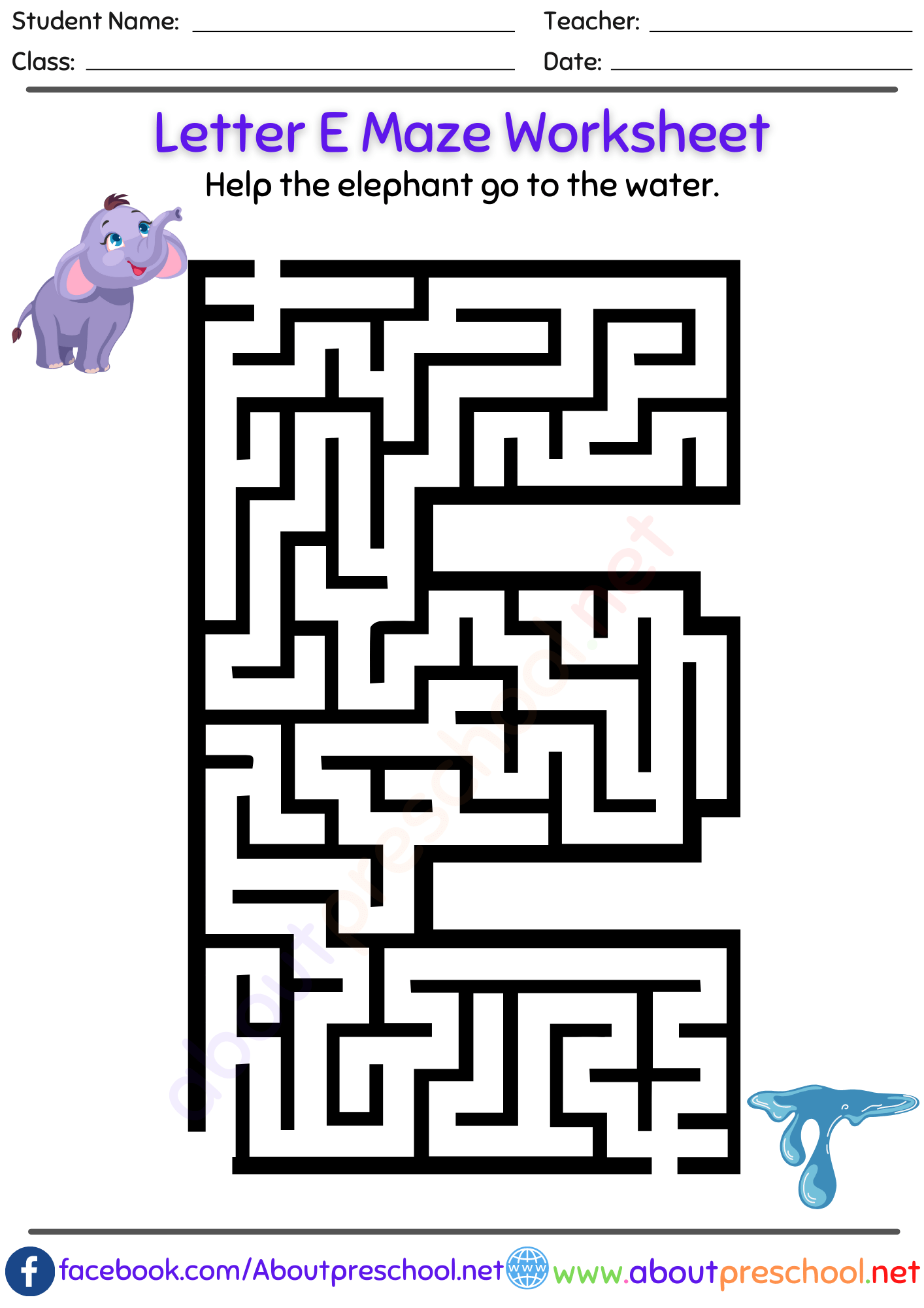 Free Letter E Maze Worksheet About Preschool