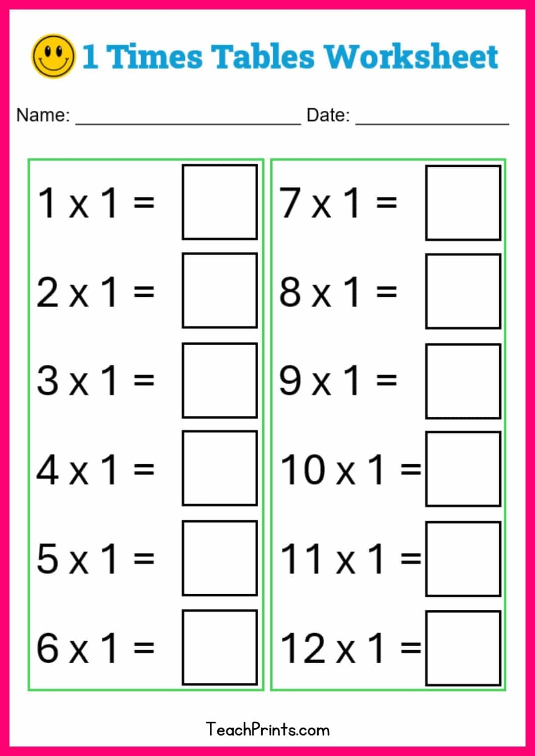 Free One Times Tables Worksheets Teach Prints Free One Times Tables Worksheets Teach Prints