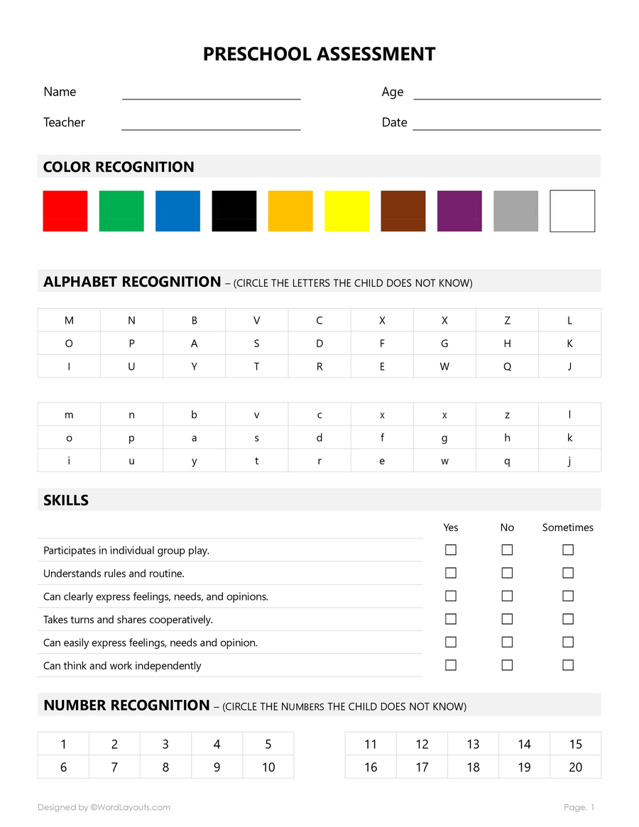 Free Pre School Assessment Templates WordLayouts Free Pre School Assessment Templates WordLayouts