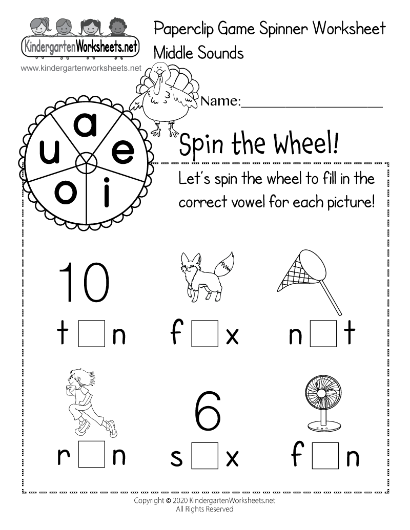 Free Printable Middle Sounds Paperclip Game Spinner Worksheet Free Printable Middle Sounds Paperclip Game Spinner Worksheet
