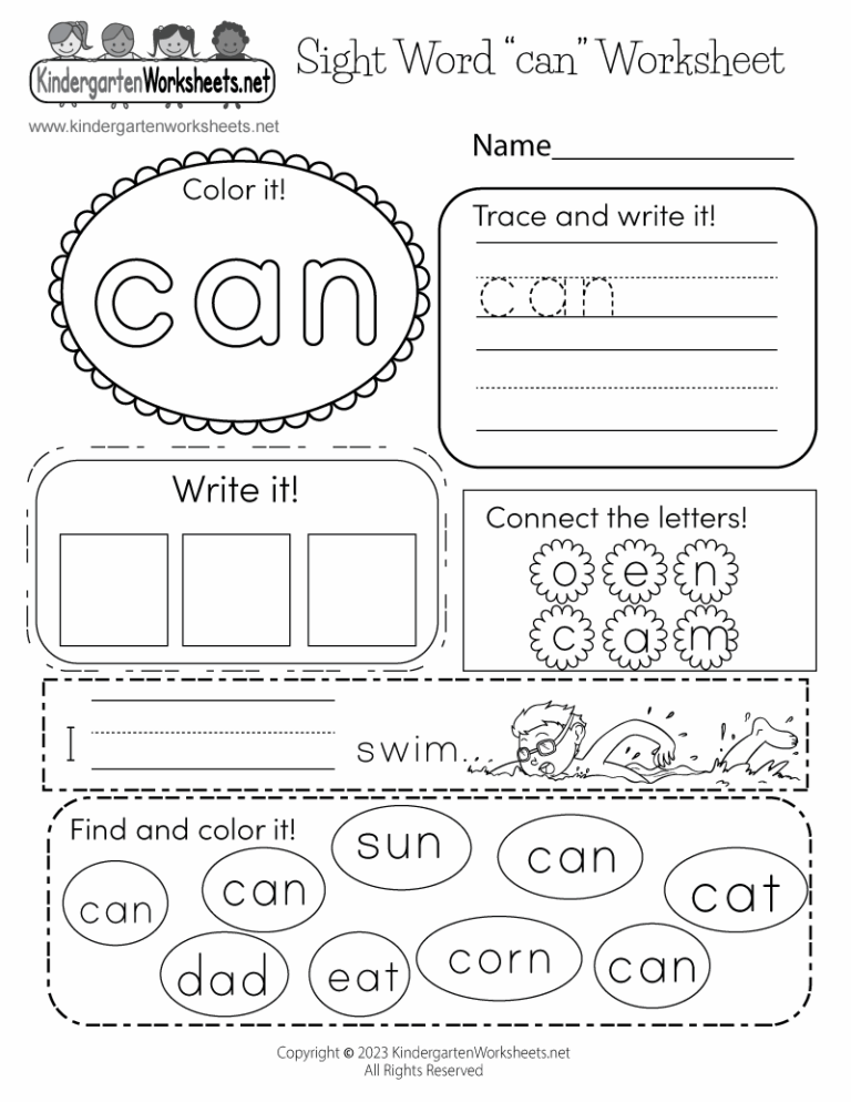 Free Printable Sight Word can Worksheet