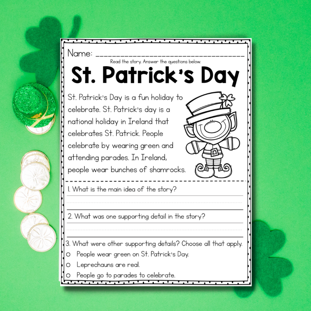 FREE Printable St Patricks Day Reading Comprehension 