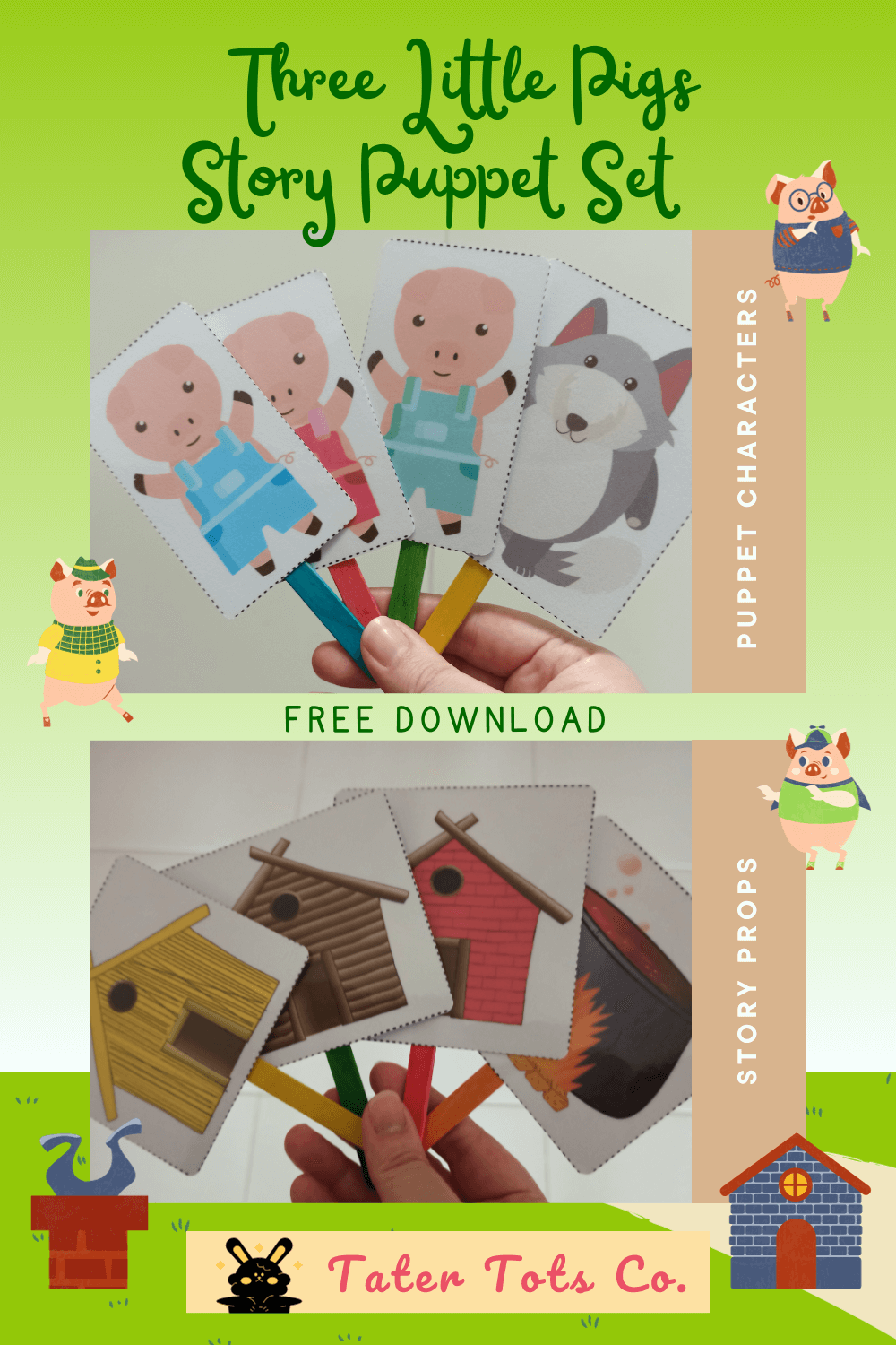Free Printable Three Little Pigs Story Puppet Set With Script Tater Tots Co 