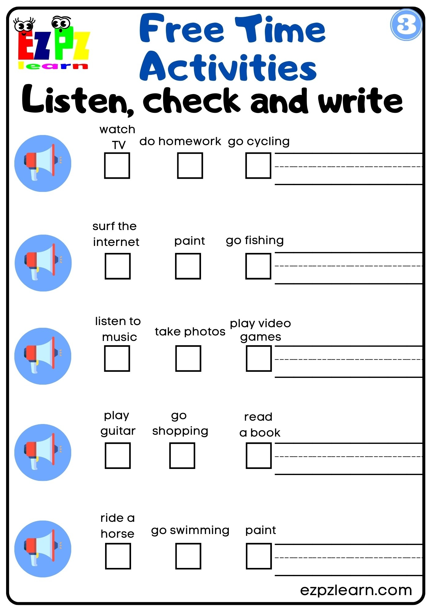 Free Time Activities Interactive Worksheet Listen Check And Write Free Time Activities Interactive Worksheet Listen Check And Write