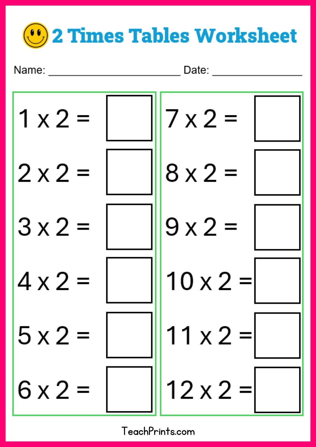 Free Two Times Tables Worksheets Teach Prints