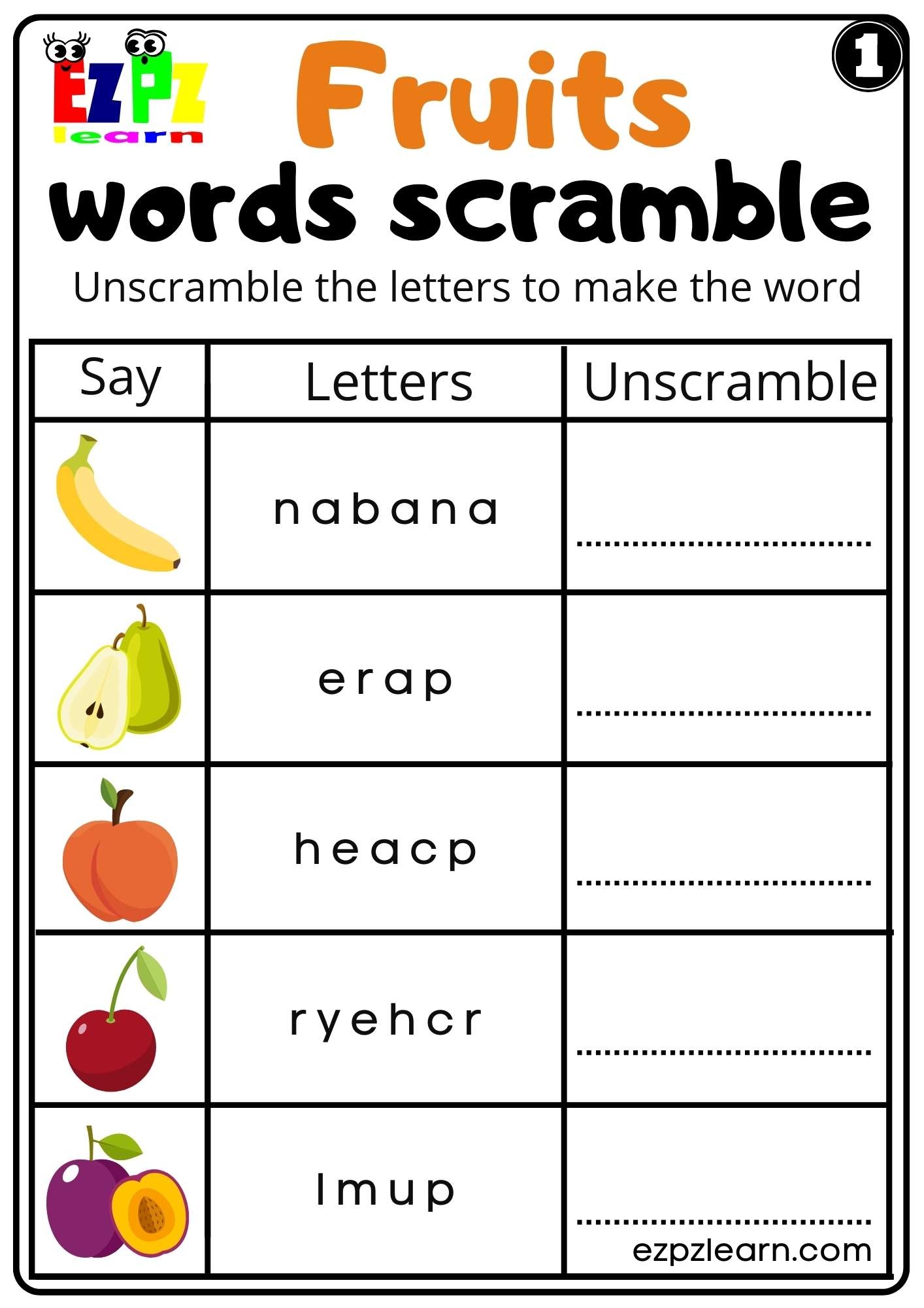 Fruits Read Word Scramble Worksheet For ESL And K5 Kindergarten Fruits Read Word Scramble Worksheet For ESL And K5 Kindergarten