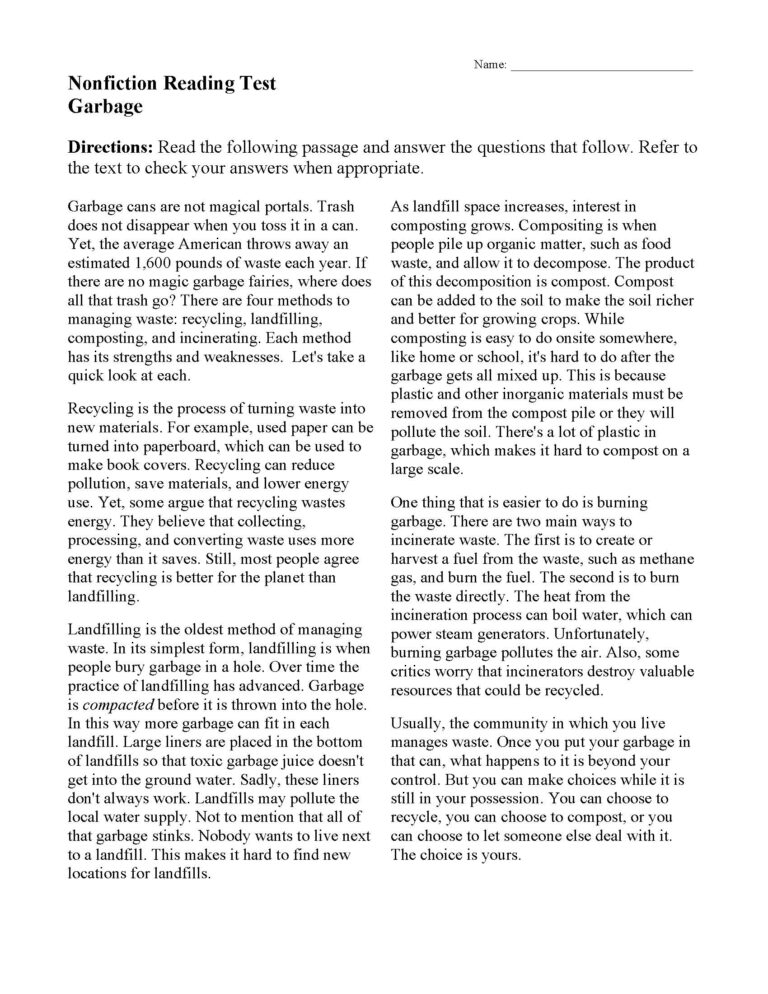 Garbage Nonfiction Reading Activity