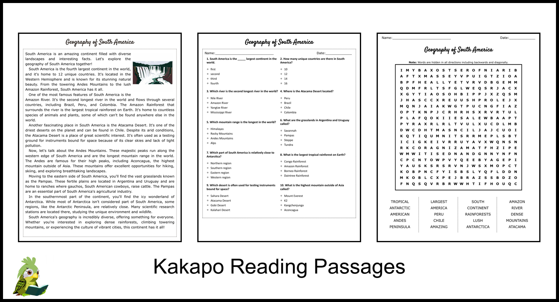 Geography Of South America Reading Comprehension And Word Search Teaching Resources