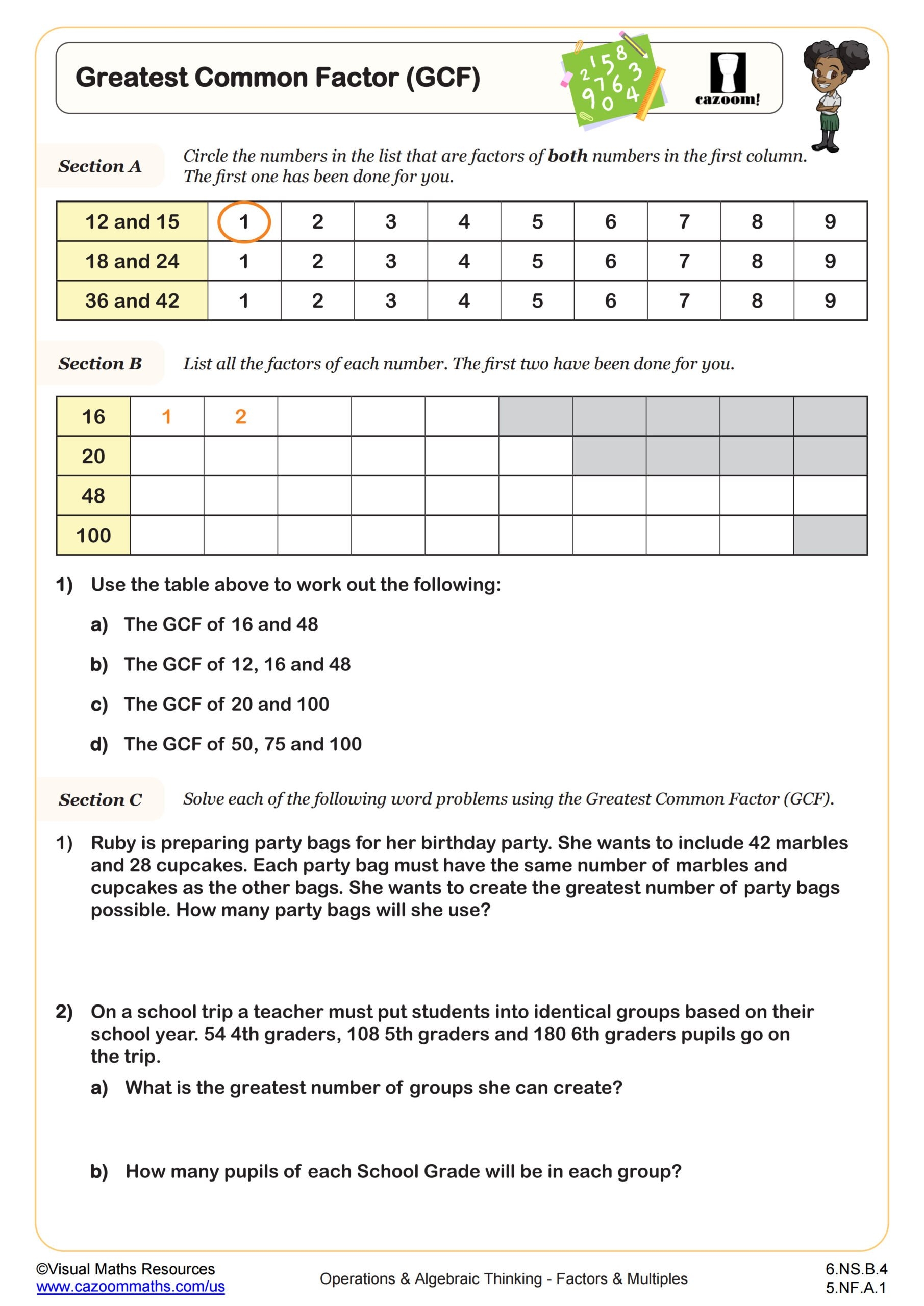 Greatest Common Factor GCF Worksheet PDF Printable Operations Algebraic Thinking Worksheet