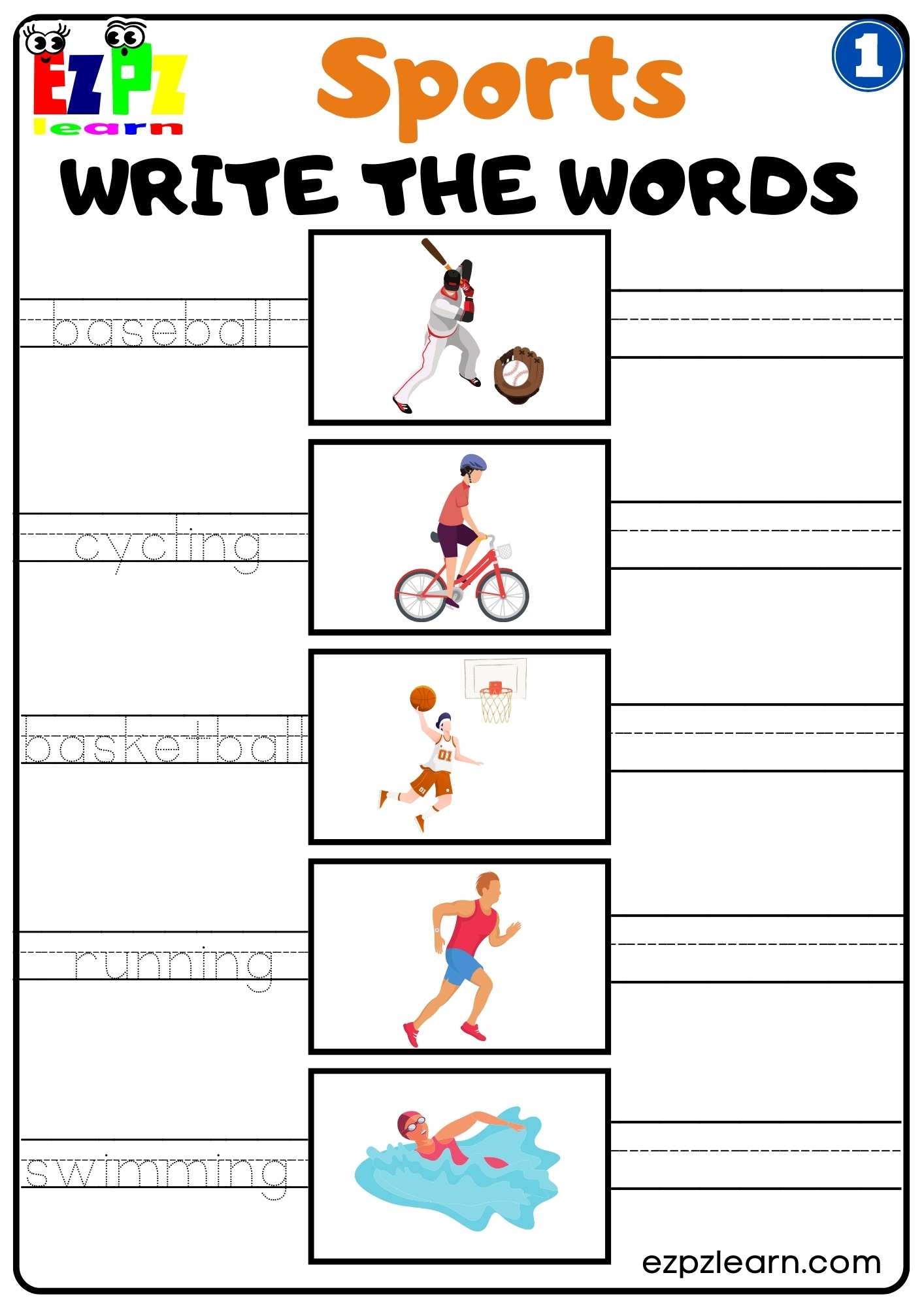 Group 1 Sports Write The Words Worksheet For K5 Kids And ESL Students Free PDF Download Ezpzlearn