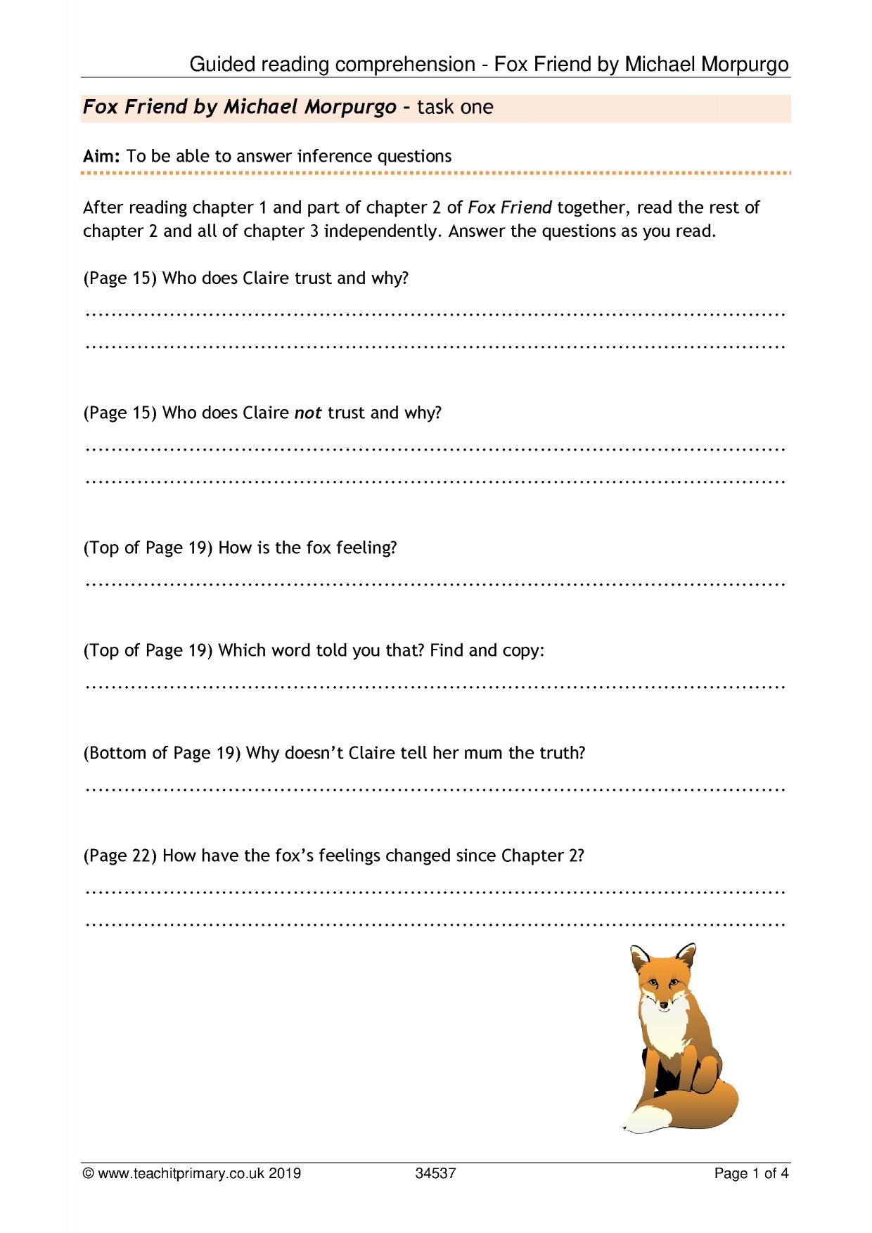 Guided Reading Comprehension Fox Friend By Michael Morpurgo Guided Reading Comprehension Fox Friend By Michael Morpurgo