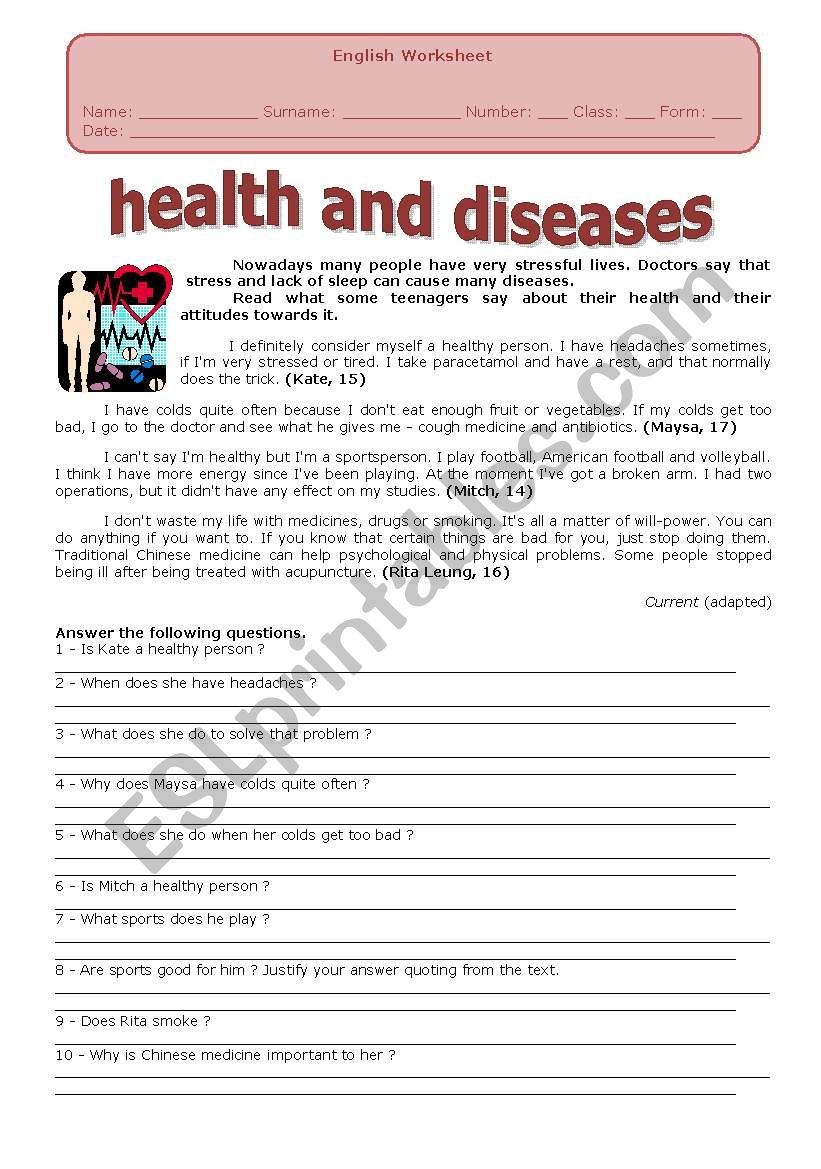 HEALTH AND DISEASES ESL Worksheet By Carla silva921