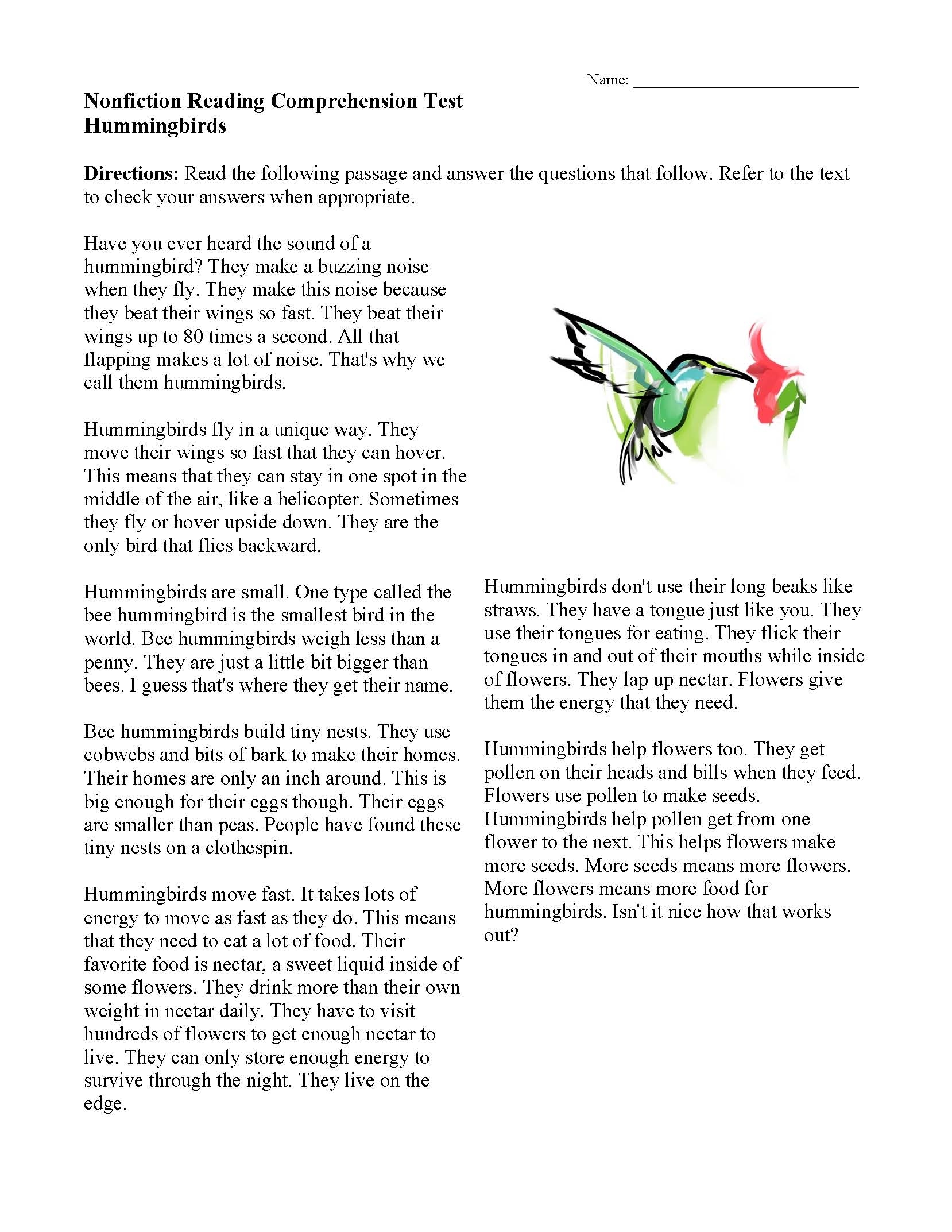 Hummingbirds Nonfiction Reading Activity Hummingbirds Nonfiction Reading Activity
