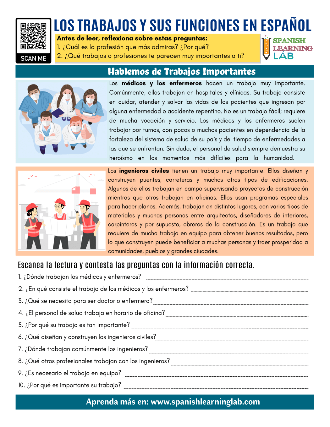 Important Jobs In Spanish PDF Reading Worksheet Spanish 