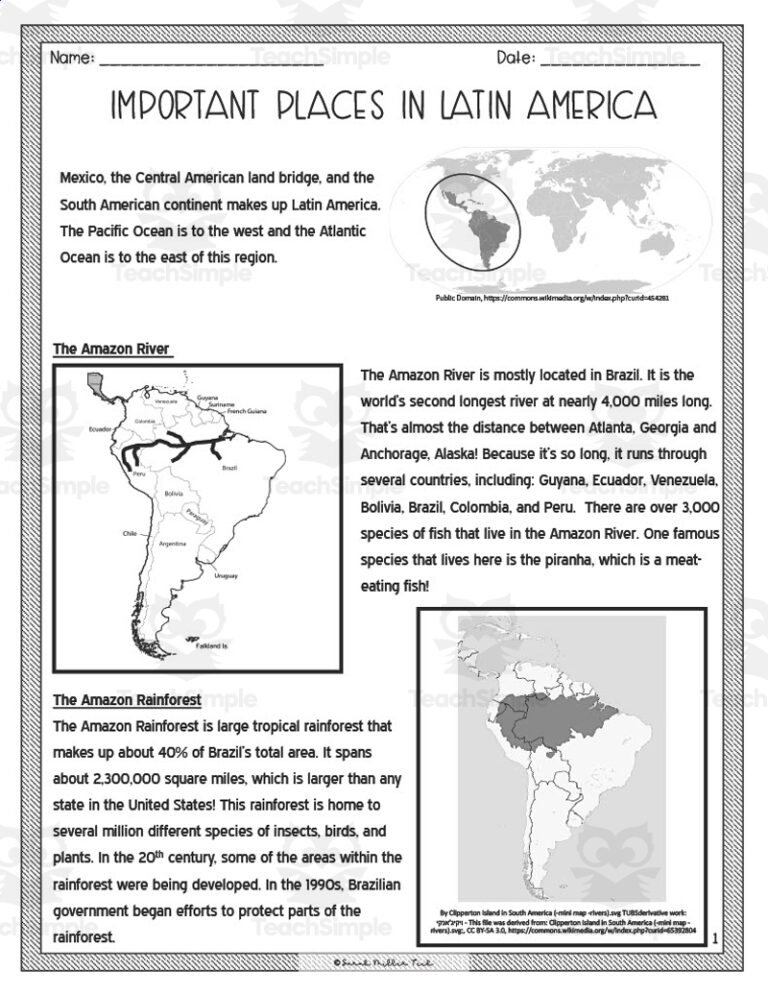 Important Places In Latin America Reading Packet Worksheets Library