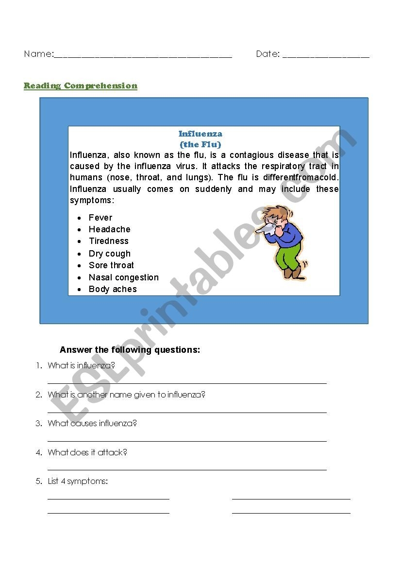 Influenza Reading Comprehension ESL Worksheet By Yirleyab