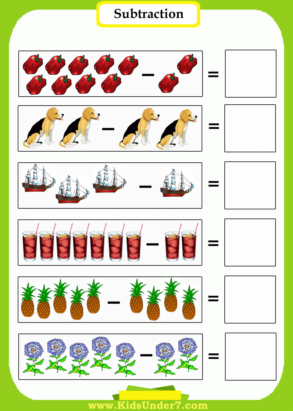 Kids Under 7 Subtraction Worksheets