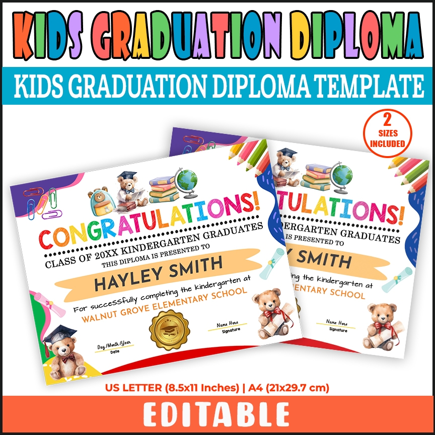 Kindergarten Graduation Diploma For Kids Any Grade Kinder 