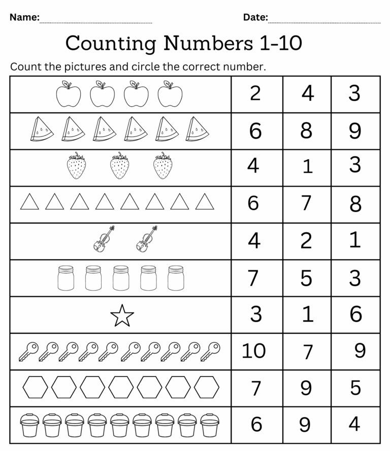 Kindergarten Math Counting Objects Worksheets 1 10 Black And White Teaching Resources