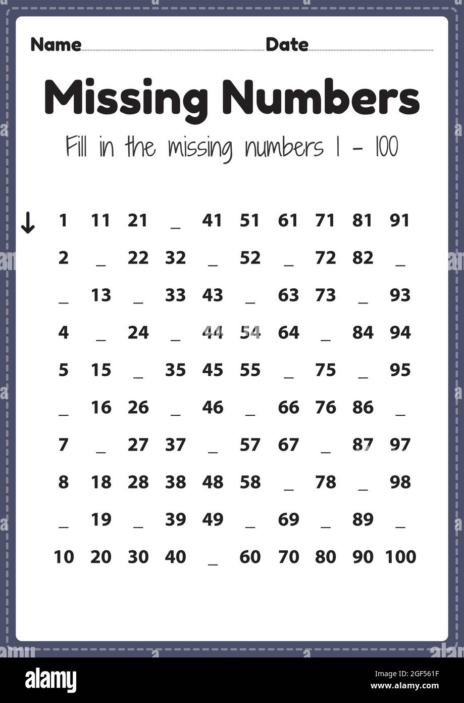 Kindergarten Math Worksheets Missing Numbers 1 To 100 Printable 