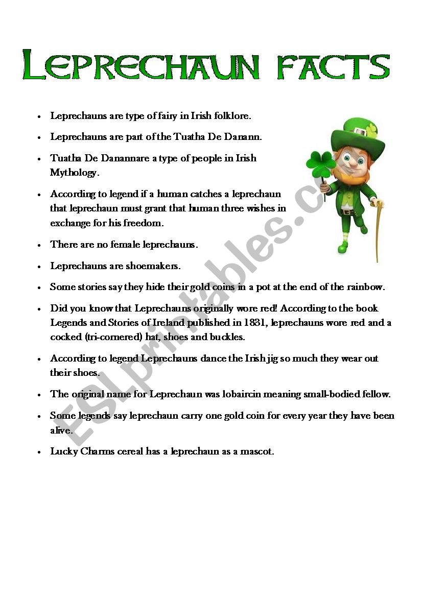 Leprechaun St Patrick Reading Comprehension Facts Word Search 
