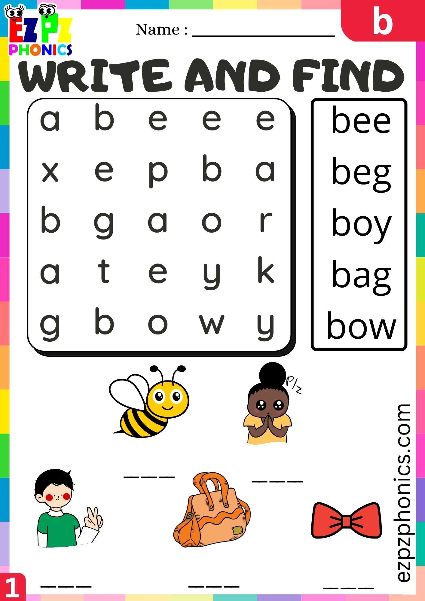 Letter B Write And Find Beginning Sounds Word Search Worksheet Ezpzphonics