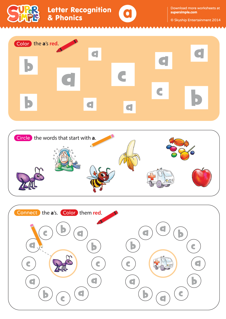 Letter Recognition U0026 Phonics Worksheet A lowercase Super Simple Letter Recognition U0026 Phonics Worksheet A lowercase Super Simple