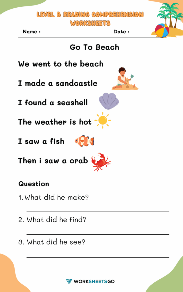 Level B Reading Comprehension Worksheets WorksheetsGO