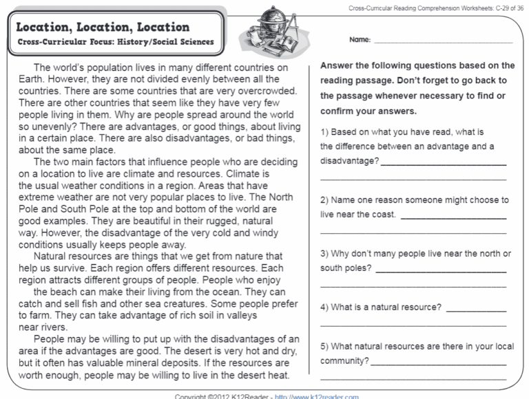 Location Location Location 3rd Grade Reading Comprehension Worksheet