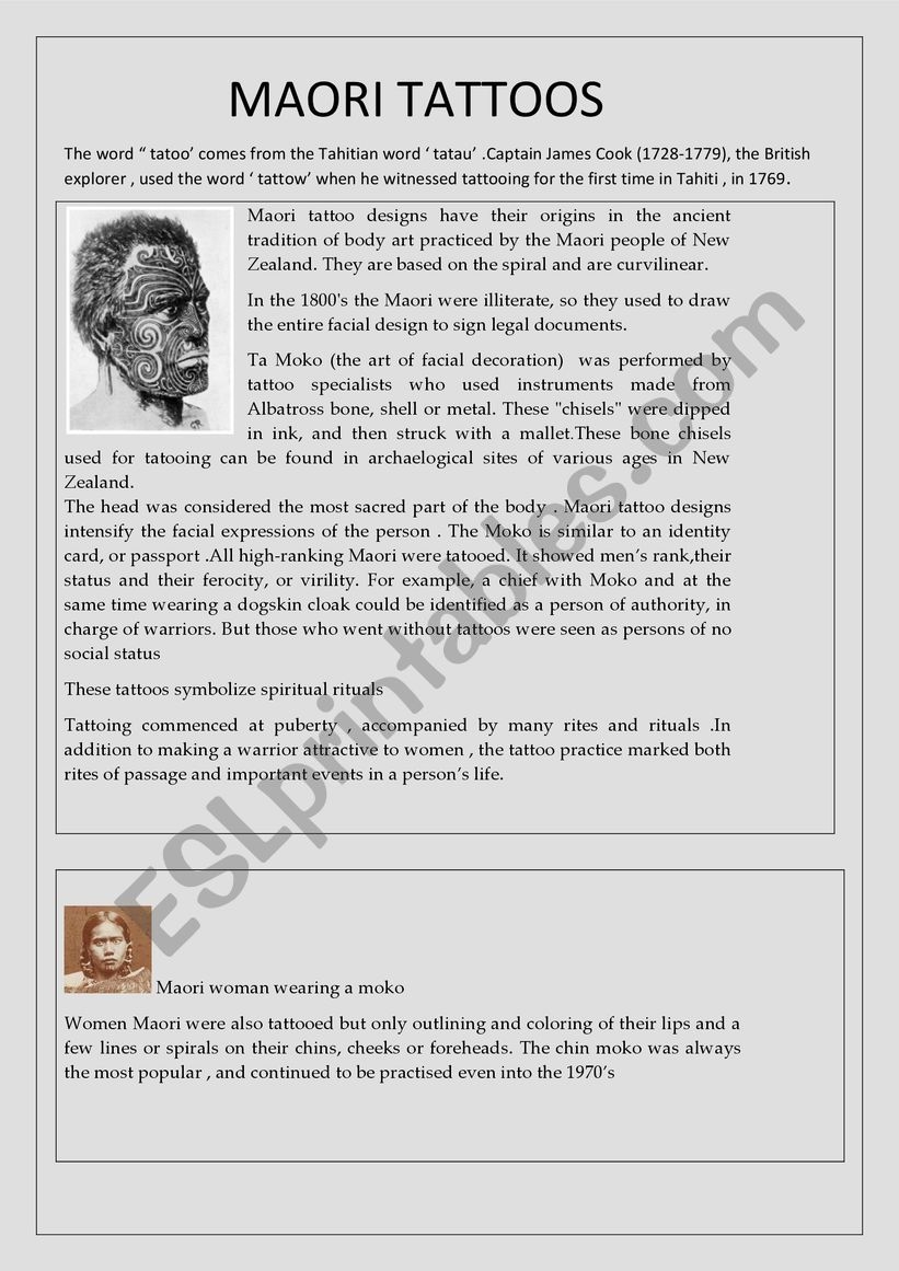 Tattoo Art Reading Comprehension Worksheets