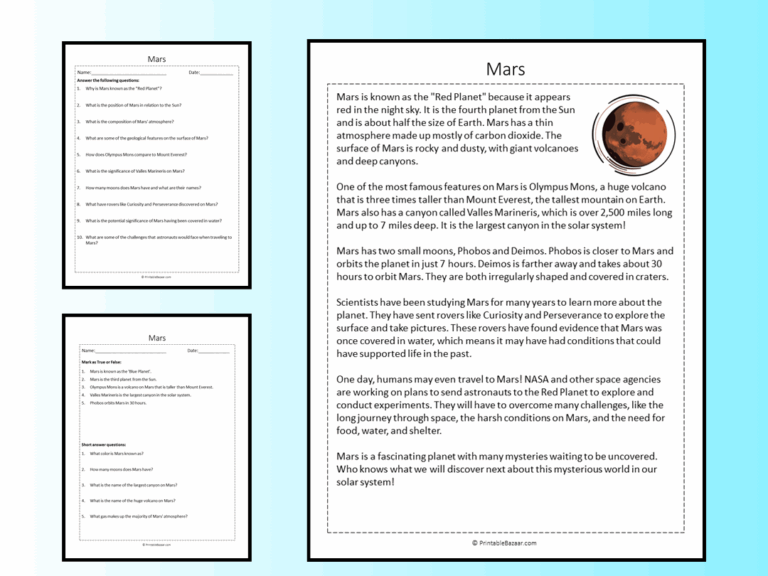 Mars Reading Comprehension Passage Printable Worksheet Teaching