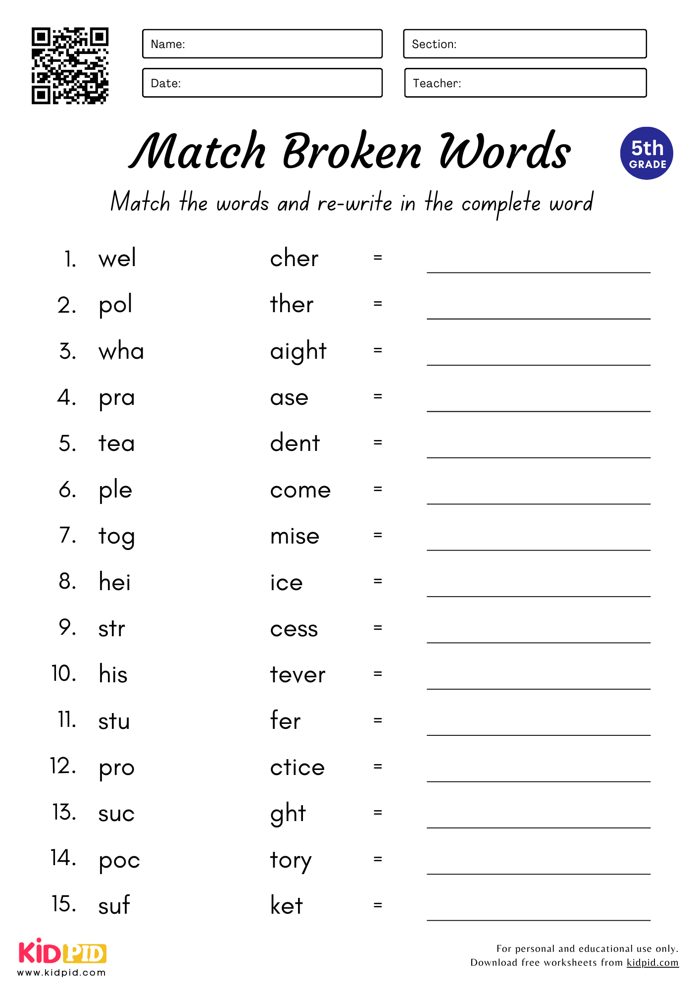 Match U0026 Complete The Words Worksheet For Grade 5 Kidpid