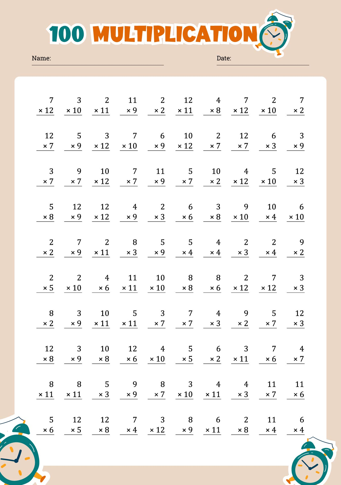 Free Printable Multiplication Worksheets 100 Problems