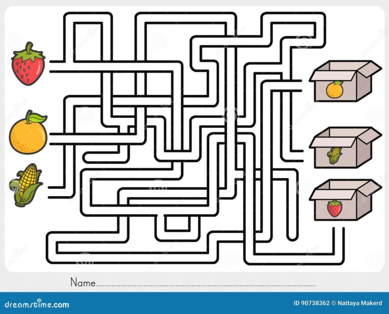 Maze Game Pick Fruits Box Worksheet For Education Stock Vector