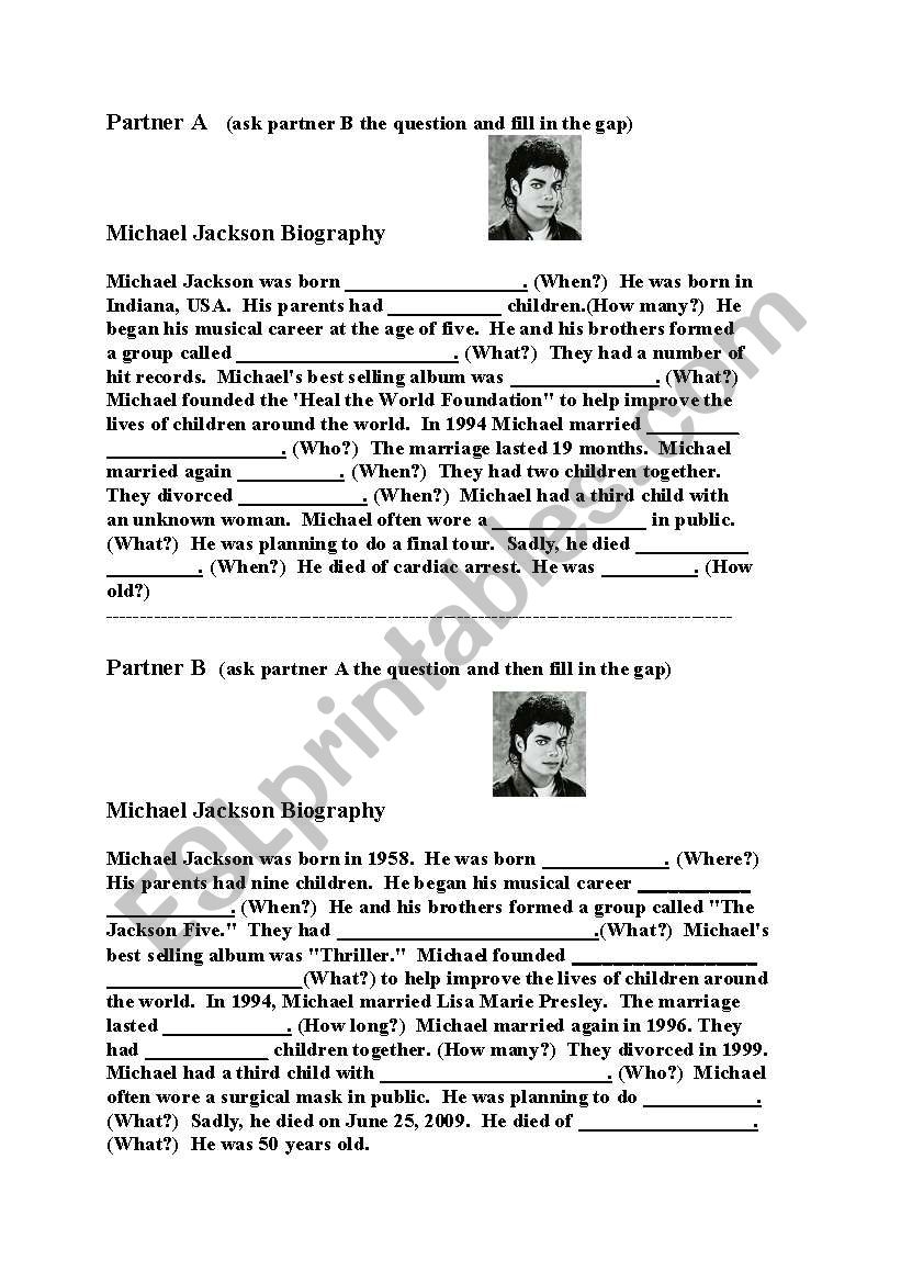 Michael Jackson Info Gap ESL Worksheet By Demarco