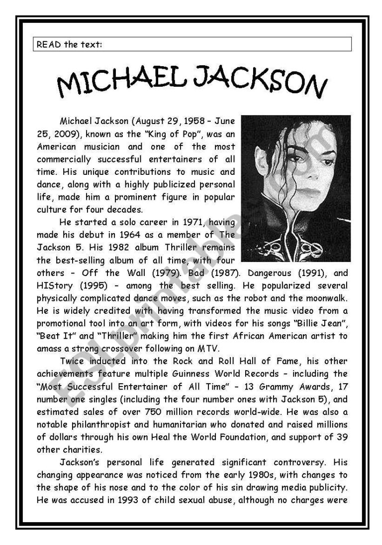 MICHAEL JACKSON S LIFE ESL Worksheet By Angelme