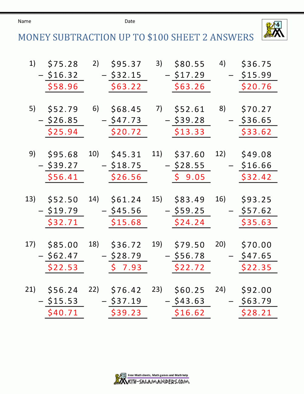 Money Subtraction Up To 100 Sheet 2 Answers Money Subtraction Up To 100 Sheet 2 Answers