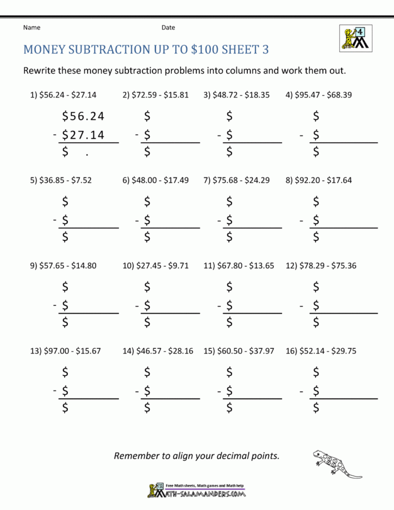 Money Subtraction Worksheet Page