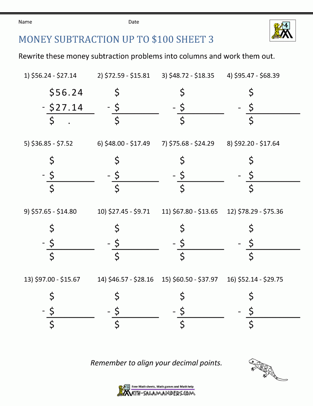 Money Subtraction Worksheet Page Money Subtraction Worksheet Page