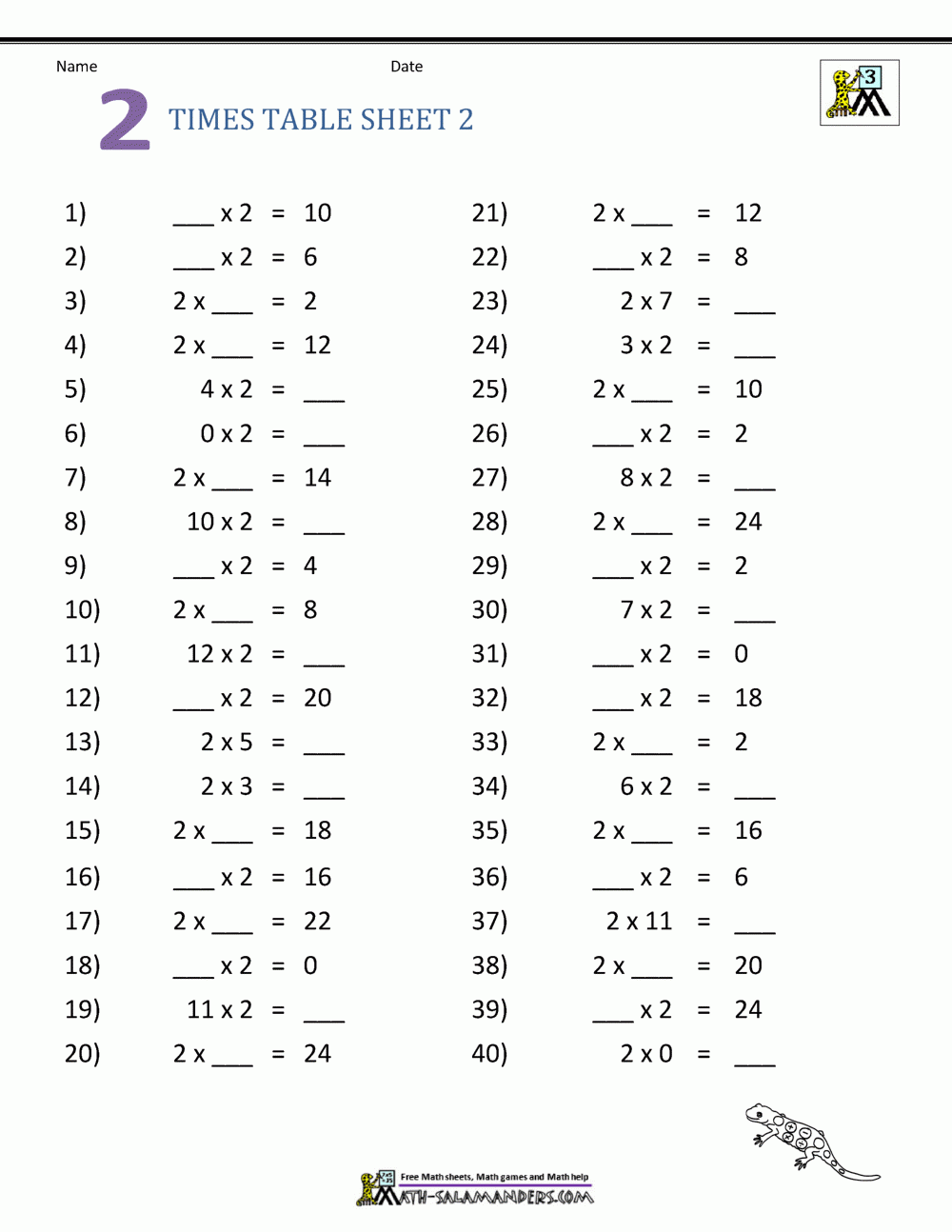 Free Printable 2 Times Table Worksheet