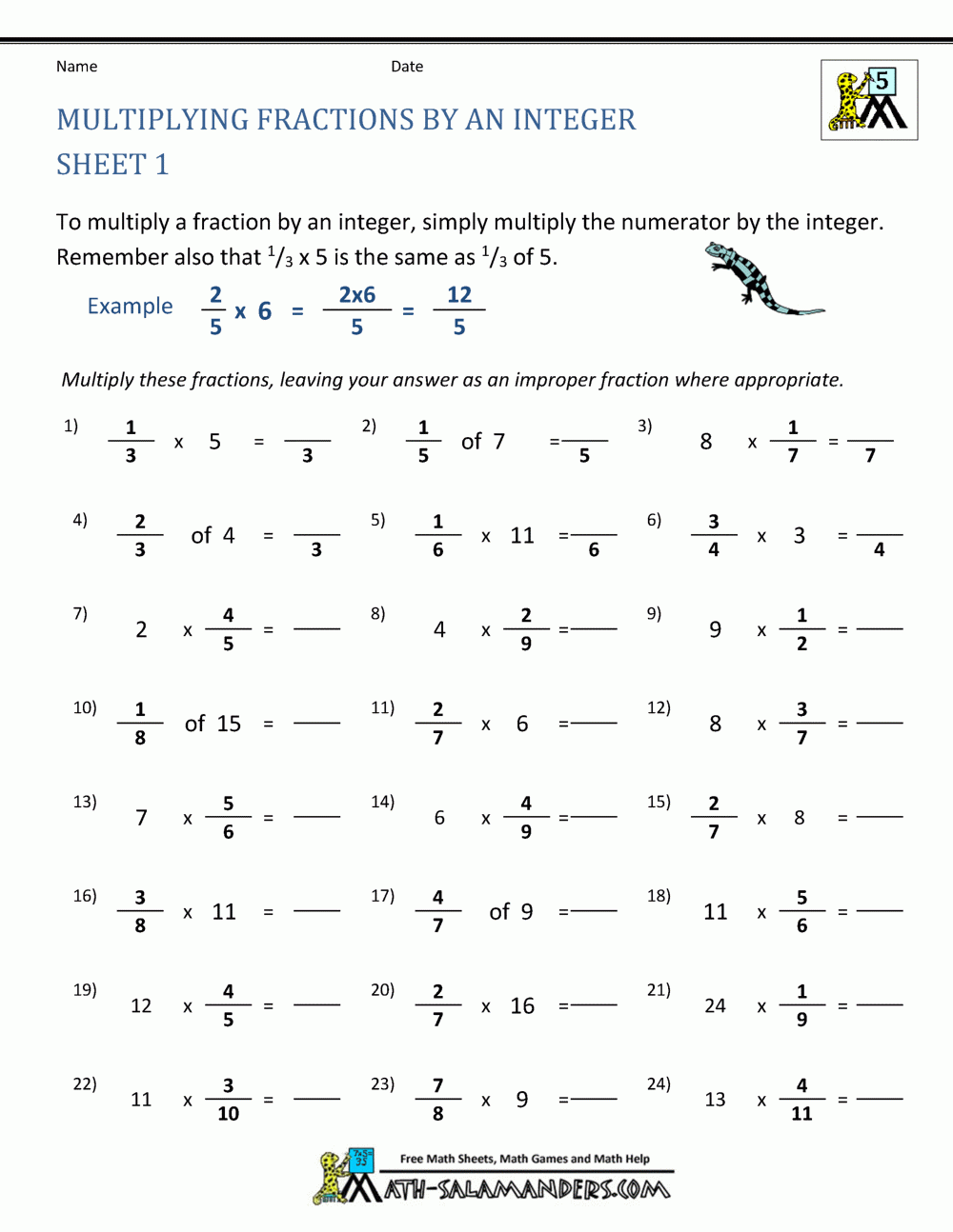 Multiplying Fractions Worksheet