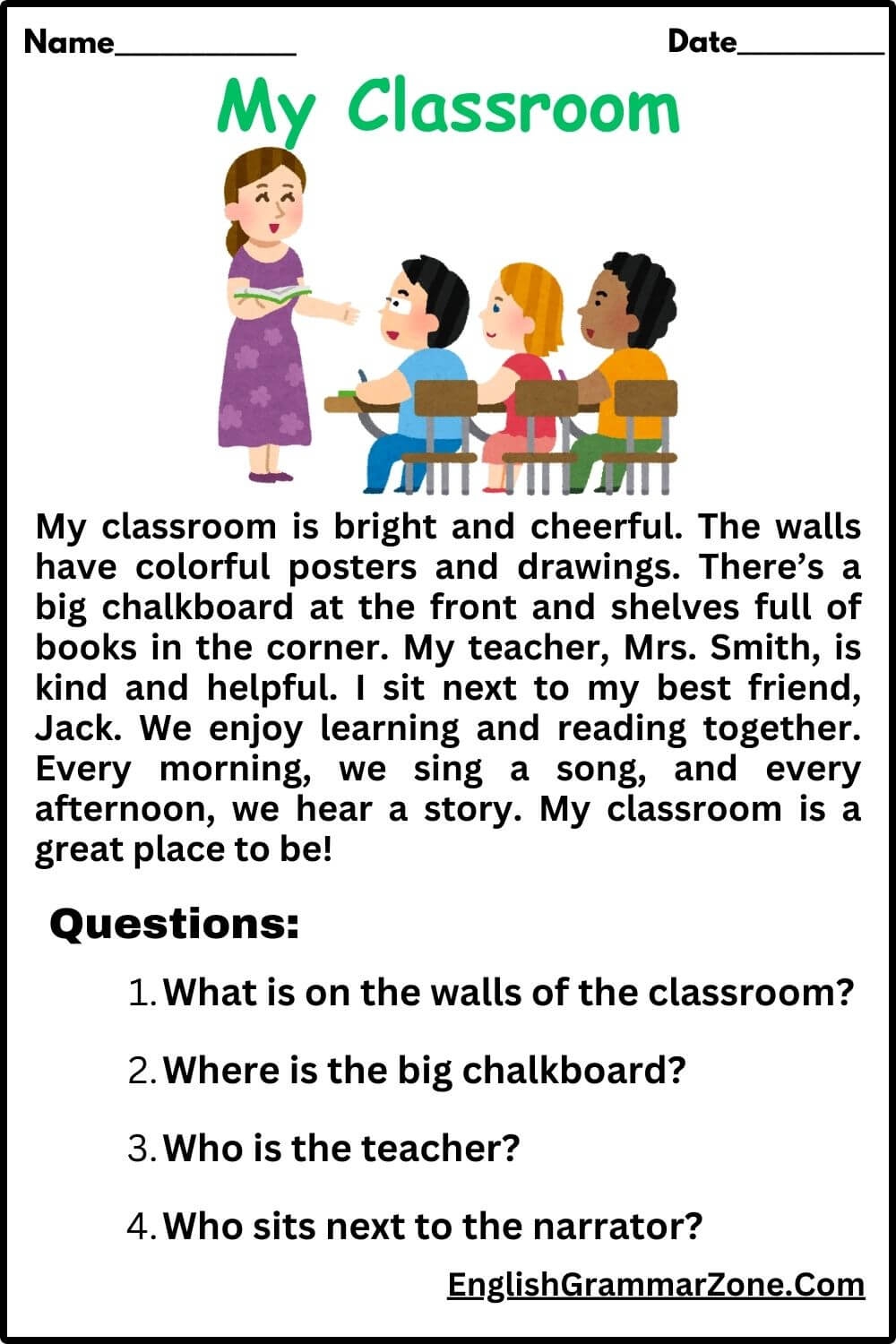 My Classroom Reading Comprehension Worksheet