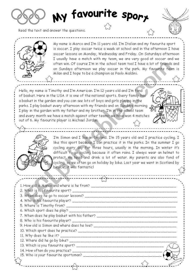 MY FAVOURITE SPORT READING ESL Worksheet By Silvia patti