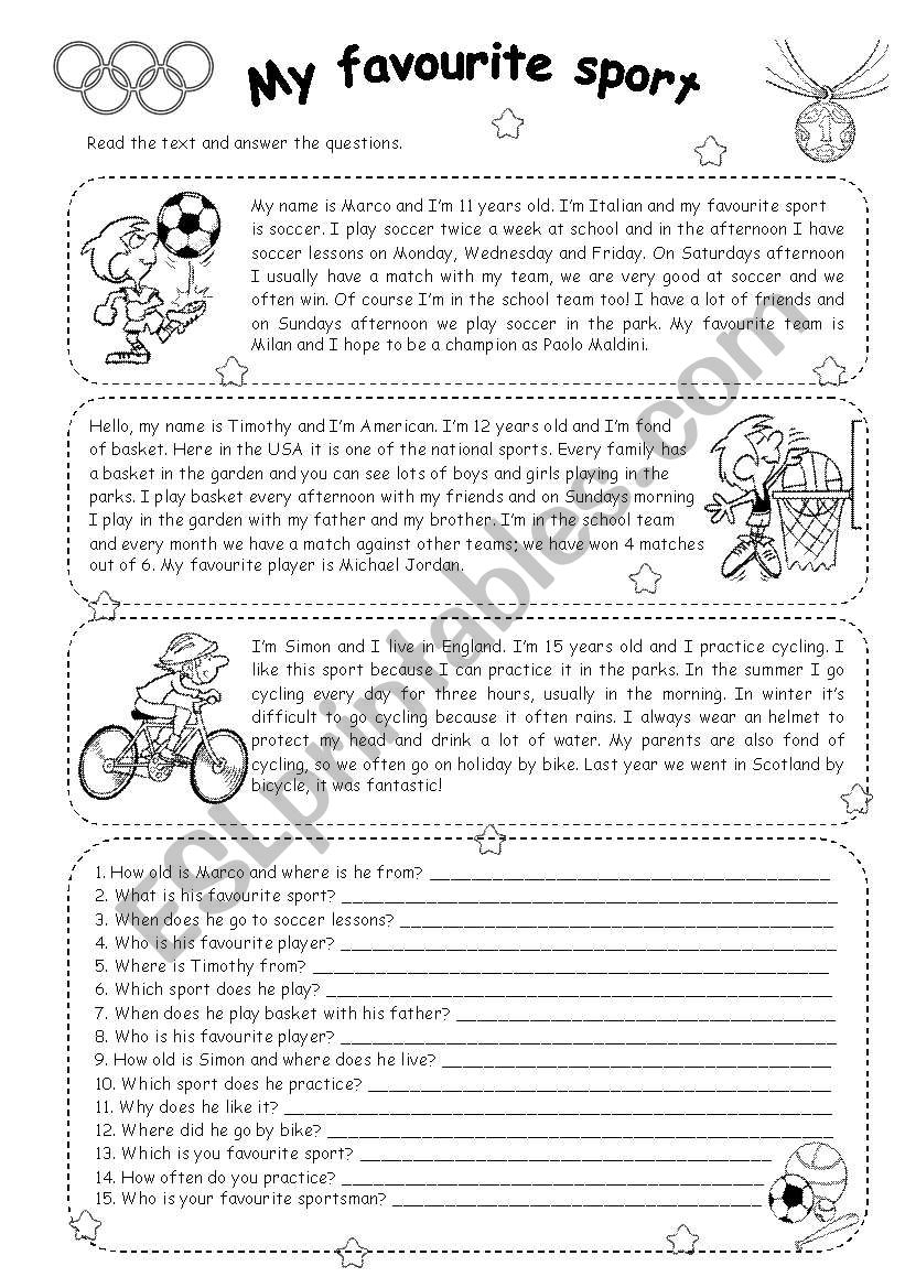 MY FAVOURITE SPORT READING ESL Worksheet By Silvia patti