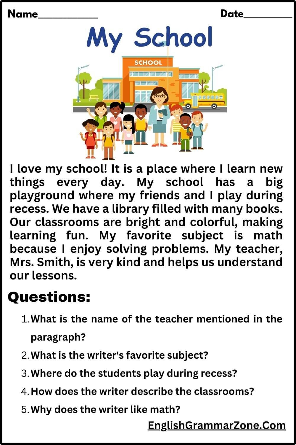 My School Reading Comprehension For Grade 2 My School Reading Comprehension For Grade 2