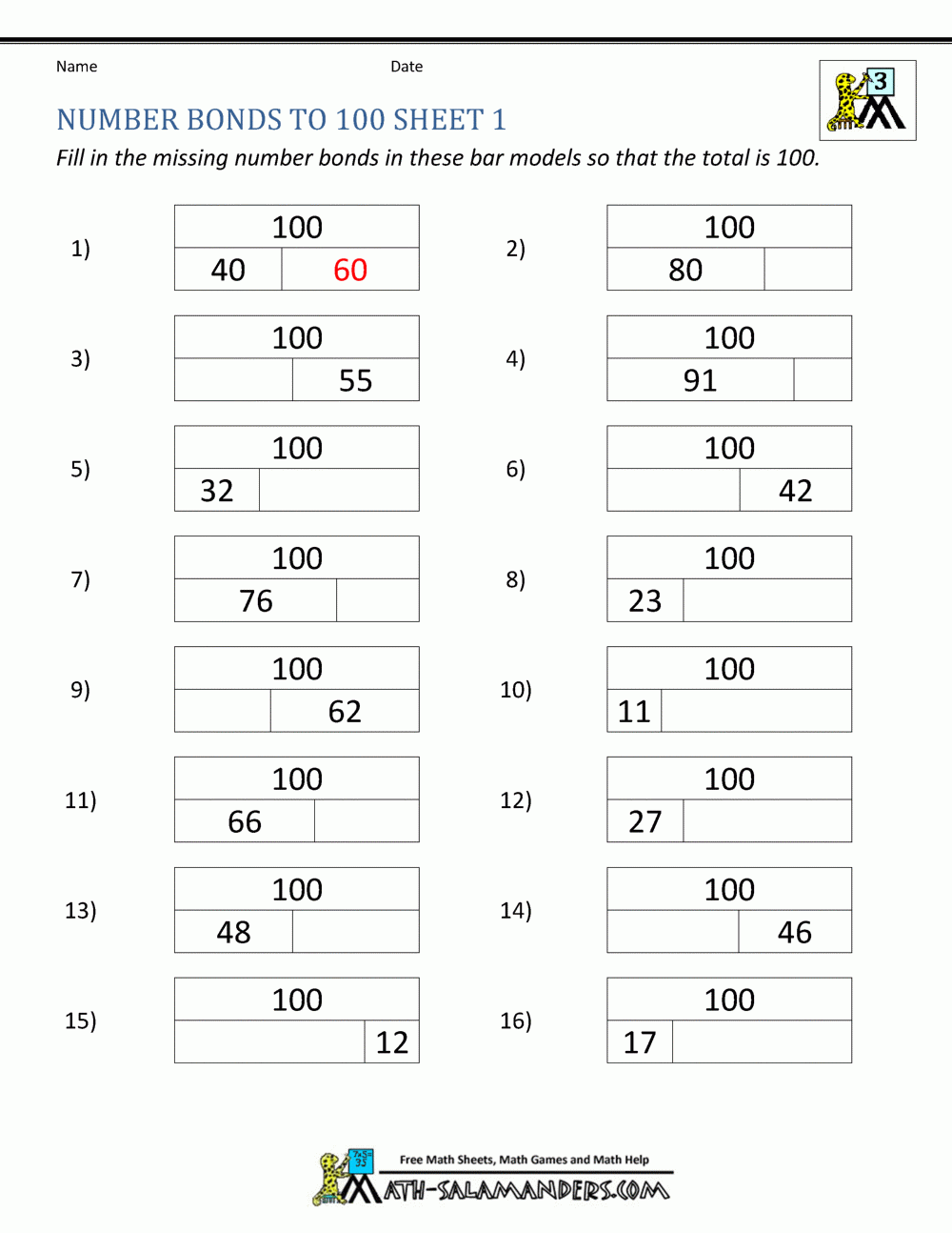 Number Bonds Worksheets To 100 Number Bonds Worksheets To 100