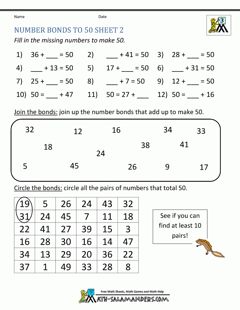 Number Bonds Worksheets To 100 Number Bonds Worksheets To 100