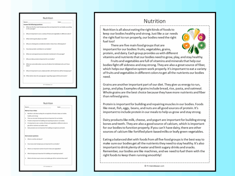 Nutrition Reading Comprehension Passage Printable Worksheet Teaching Resources